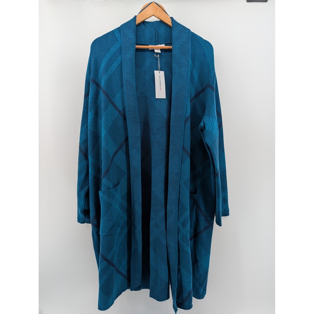 Liz Claiborne Cardigan Women XL Tahoe Teal New Plaid Longline Open Front Pocket